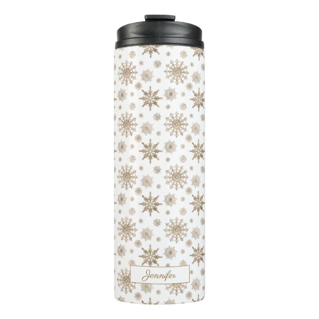Golden Yellow Snowflakes Pattern & Custom Name Thermal Tumbler (Front)