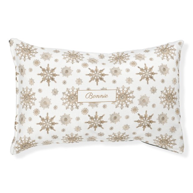 Golden Yellow Snowflakes Pattern & Custom Pet Name Bed (Front)