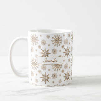 Golden Yellow Snowflakes Pattern With Custom Name Coffee Mug