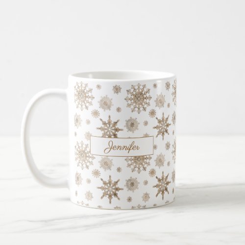 Golden Yellow Snowflakes Pattern With Custom Name Coffee Mug