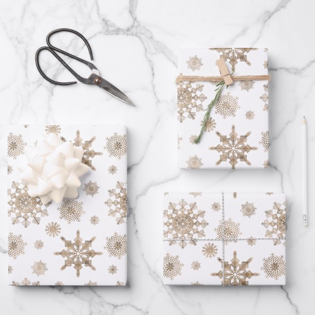 Golden Yellow Snowflakes Pattern Wrapping Paper Sheets (Front)
