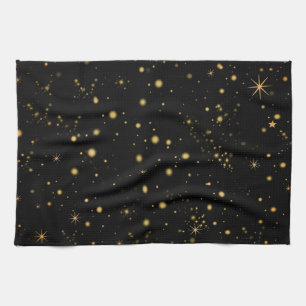 Golden Yellow Stars Black Night Sky Kitchen Towel