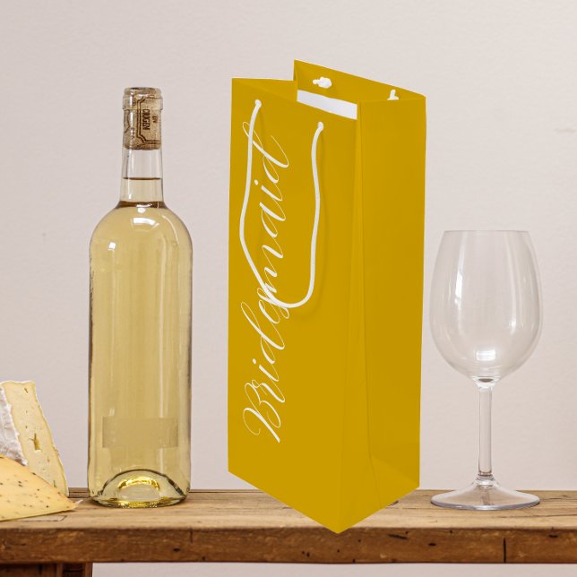 Golden Yellow Stylized Script Wedding Bridesmaid Wine Gift Bag (In Situ)