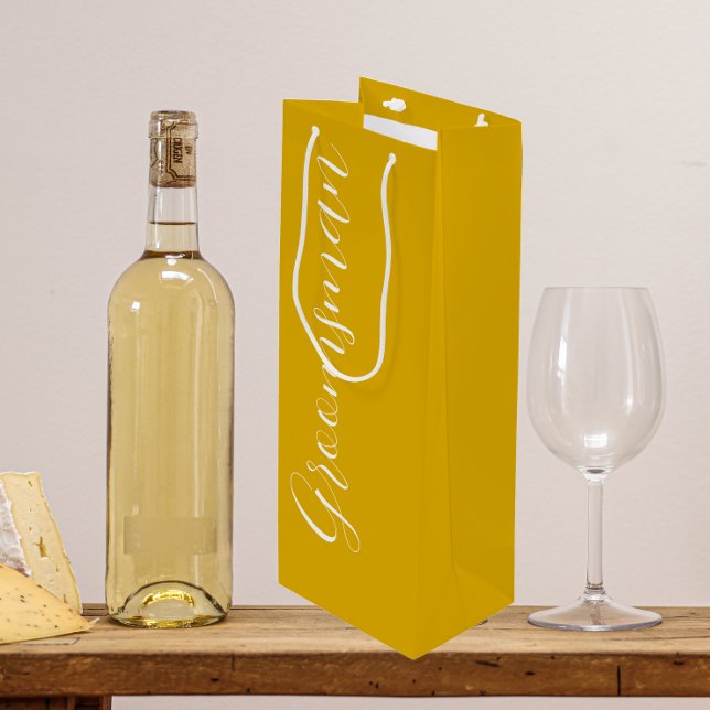 Golden Yellow Stylized Script Wedding Groomsman Wine Gift Bag (In Situ)