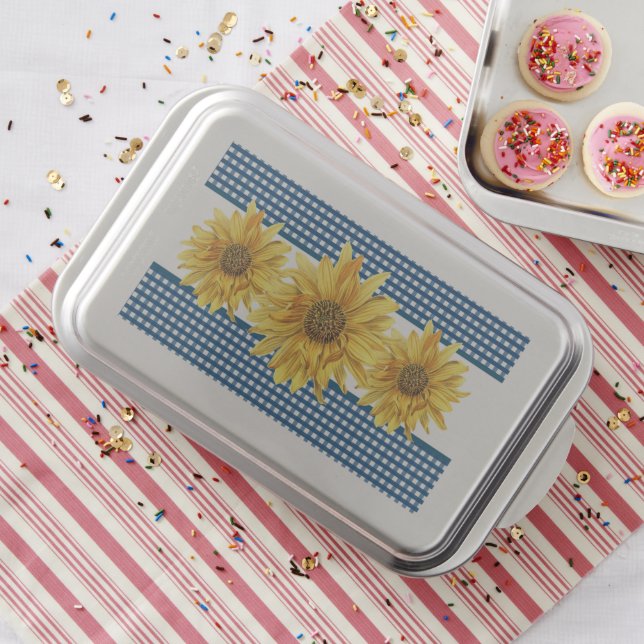 Golden-Yellow Sunflower and Navy Gingham Kitchen Cake Pan (In Situ)