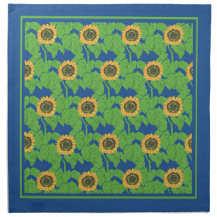 Golden Yellow Sunflowers Floral Pattern on Blue Napkin