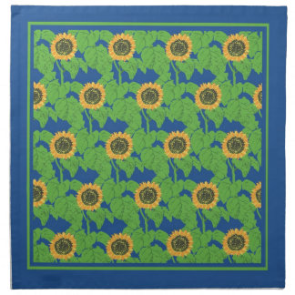 Golden Yellow Sunflowers Floral Pattern on Blue Napkin