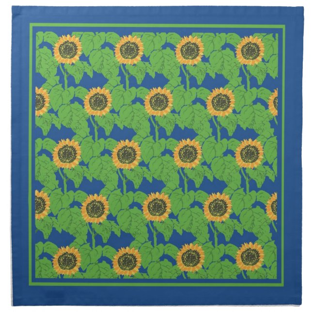 Golden Yellow Sunflowers Floral Pattern on Blue Napkin (Front)