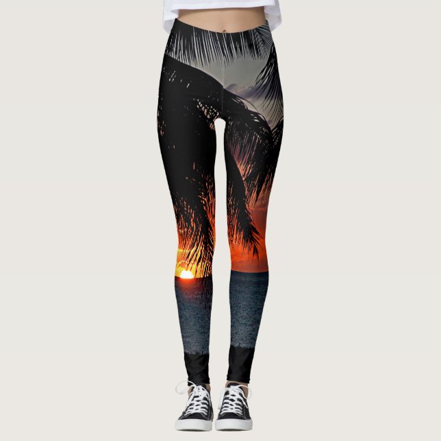 Golden Yellow Sunset Caribbean Sea Palm Trees Leggings (Front)