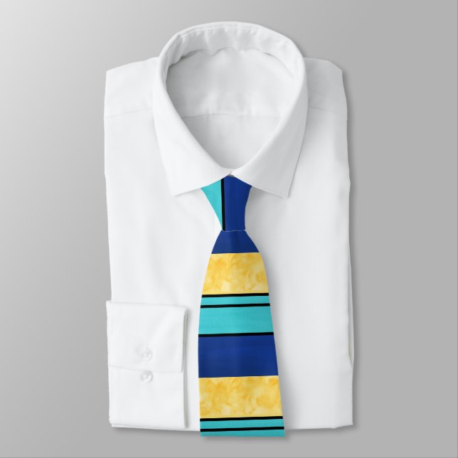 Golden Yellow Teal Blue Stripes Neck Tie (Tied)