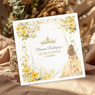 Golden Yellow Tiara Floral Butterflies Quinceañera Napkins