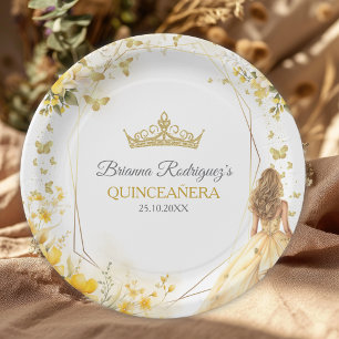 Golden Yellow Tiara Floral Butterflies Quinceañera Paper Plates