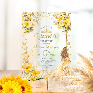 Golden Yellow Tiara Floral Butterfly Quinceañera Acrylic Invitations