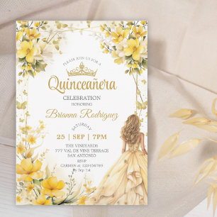 Golden Yellow Tiara Floral Butterfly Quinceañera Invitation