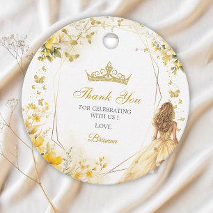 Golden Yellow Tiara Floral Quinceañera Thank You Favor Tags