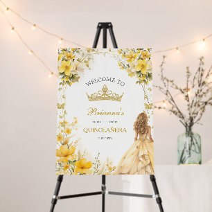Golden Yellow Tiara Floral Quinceañera Welcome  Foam Board