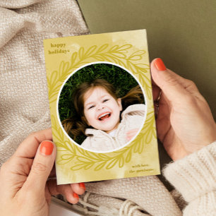 Golden Yellow Watercolor Botanical Photo Frame Holiday Card