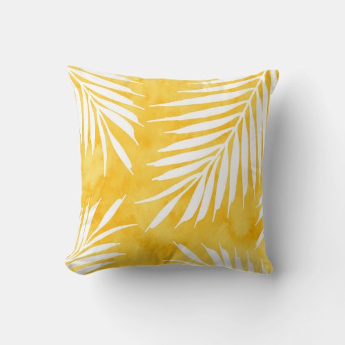 Golden Yellow Watercolor Palm Fronds Silhouette Throw Pillow