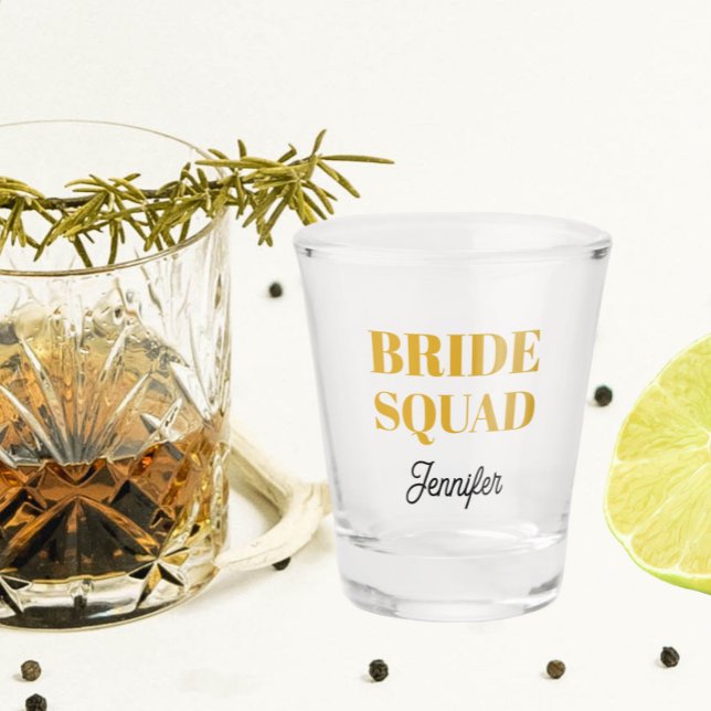 Golden Yellow Wedding Bride Squad Personalized Shot Glass (In Situ)