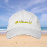 Golden Yellow Wedding Bridesmaid Bachelorette Part Embroidered Baseball Cap<br><div class="desc">Gift your bridemaids with this stylish cap with the word "Bridesmaid" embroidered in golden yellow colored,  stylish cursive that would go well with a similar bridal party color scheme. Select your hat color as desired. Great for bachelorette parties,  too!</div>