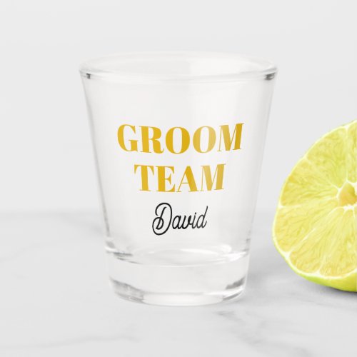 Golden Yellow Wedding Groom Team Stylized Name Shot Glass