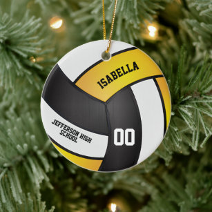 Golden Yellow, White and Black Volleyball Ceramic Ornament