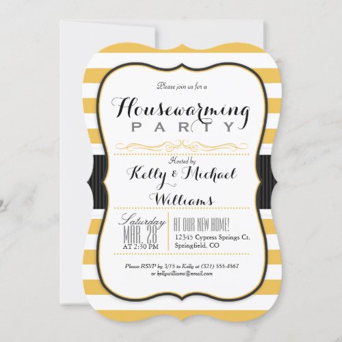 Golden Yellow  White Stripes Housewarming Party Invitation