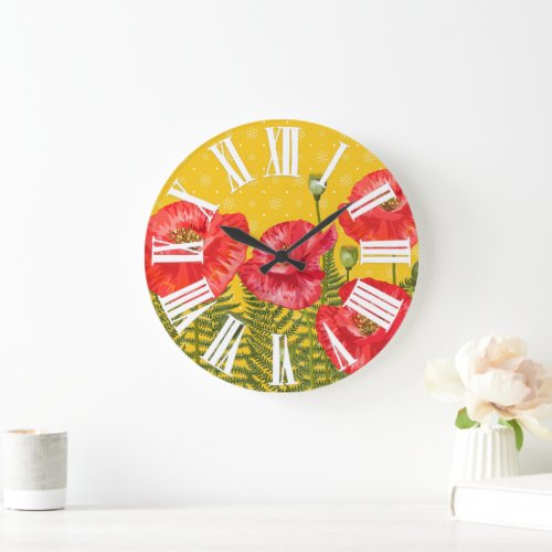 Golden Yellow with Red Poppies Roman Numerals Large Clock