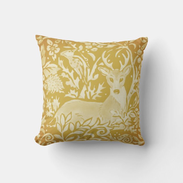 Golden Yellow Woodland Deer Floral Nature  Throw Pillow (Front)