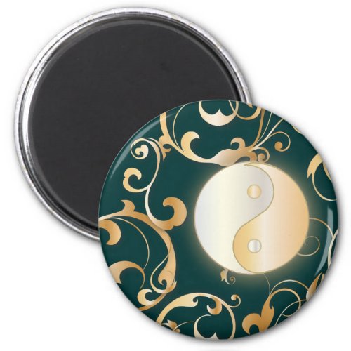 Golden Yin  Yang with scrolls Magnet