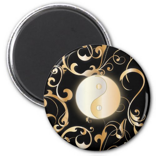Golden Yin  Yang with scrolls Magnet