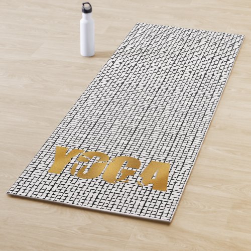 Golden YOGA text with Silhouette on Black Pattern Yoga Mat