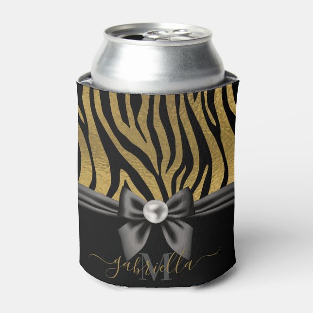 Golden Zebra Print and Bow Can Cooler (Can Front)