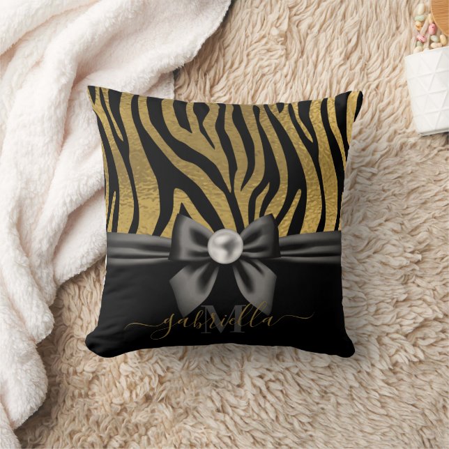 Golden Zebra Print and Bow Throw Pillow (Blanket)