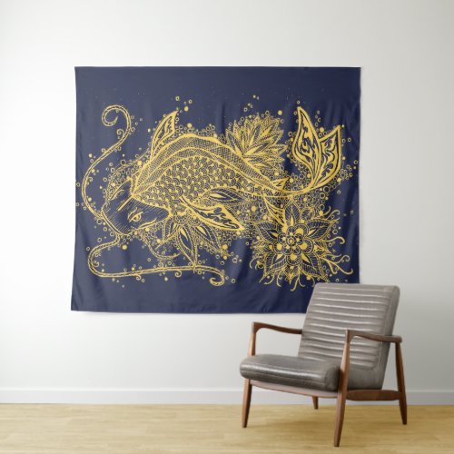 Golden Zen Koi on Blue Wall Tapestry