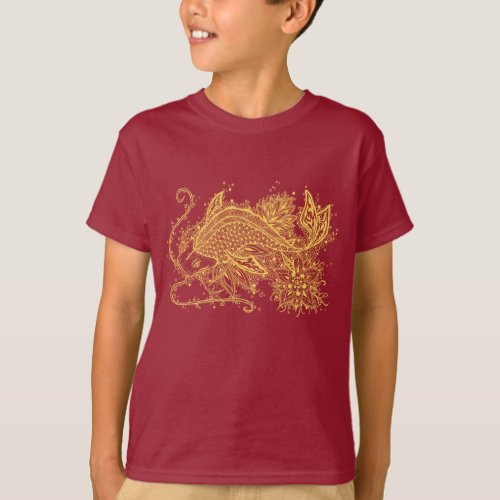 Golden Zen Koi on Red Kids T_Shirt