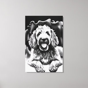 Goldendoodle Art Black White Sketch "Happy Dog"  Canvas Print
