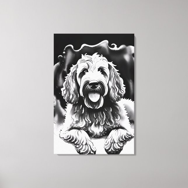 Goldendoodle Art Black White Sketch "Happy Dog"  Canvas Print (Front)