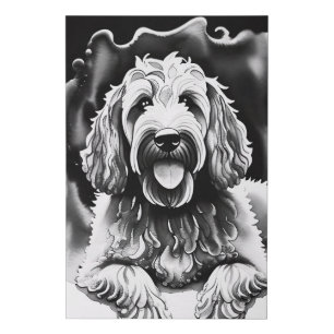 Goldendoodle Art Black White Sketch "Happy Dog" Faux Canvas Print