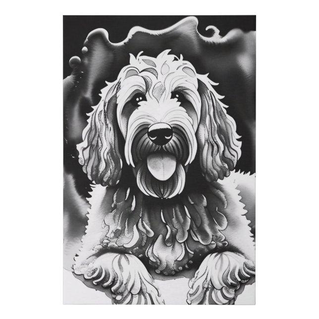 Goldendoodle Art Black White Sketch "Happy Dog" Faux Canvas Print (Front)
