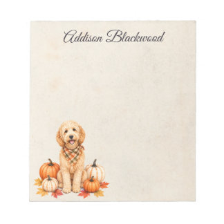 Goldendoodle Autumn Leaves Pumpkins Personalized Notepad
