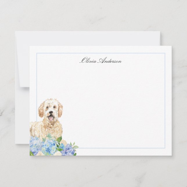 Goldendoodle Blue Hydrangea Personalized Note Card (Front)