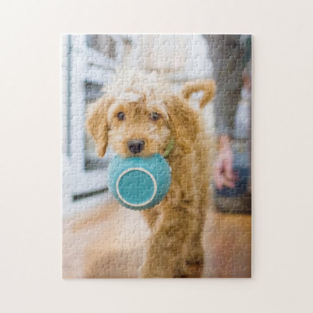 Goldendoodle Carrying Dinner Bowl Jigsaw Puzzle (Vertical)
