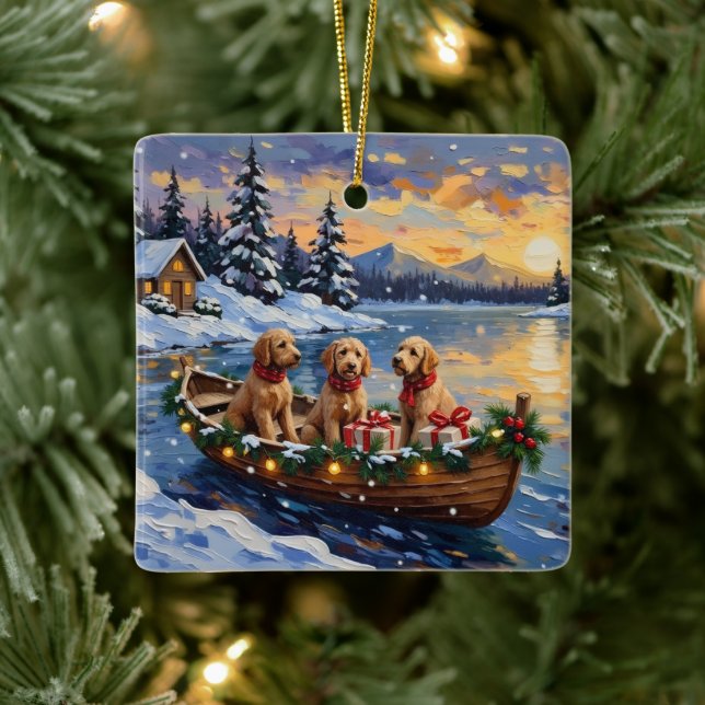 Goldendoodle Christmas Boat Holiday Ceramic Ornament (Tree)