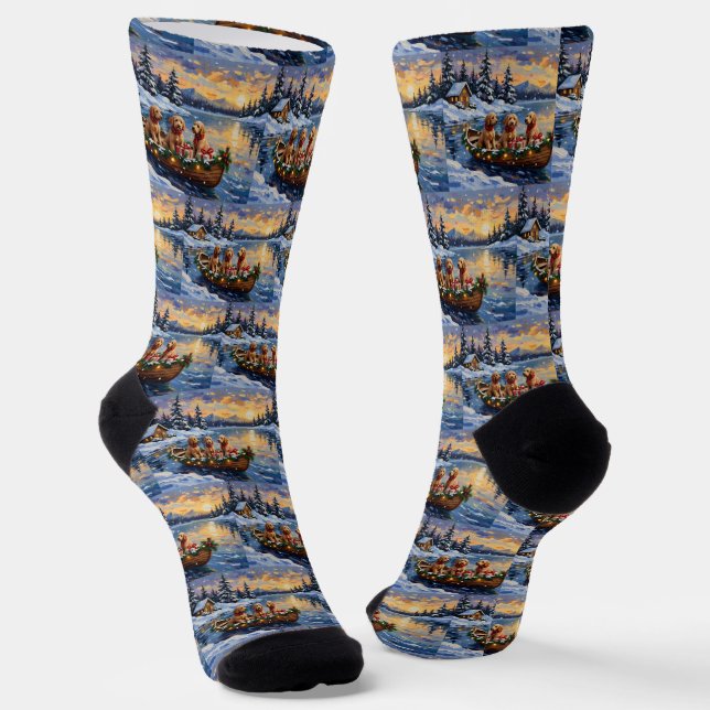 Goldendoodle Christmas Boat Holiday Socks (Angled)