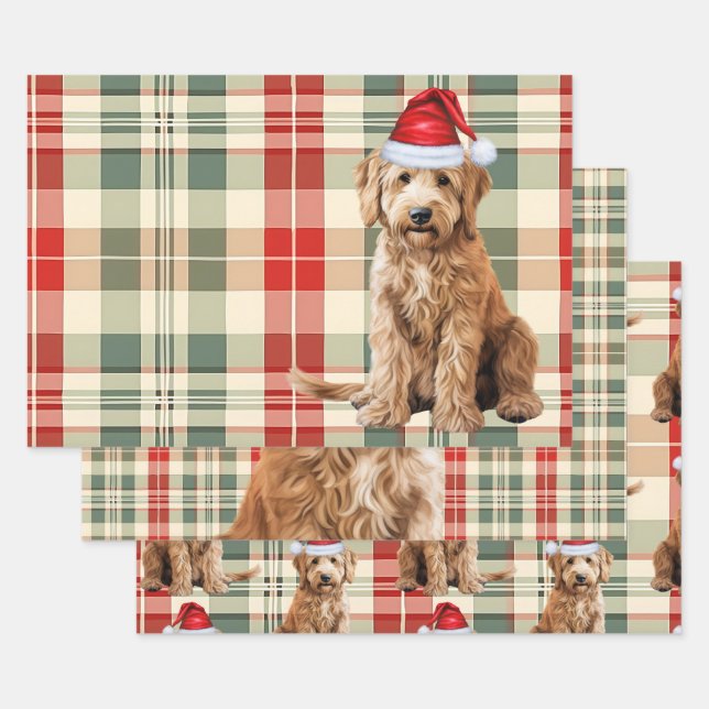 Goldendoodle Christmas Dog Red Holiday Plaid Wrapping Paper Sheets (Set)
