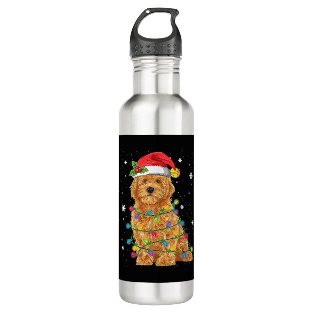 Goldendoodle Christmas Santa Hat Fairy Lights Stainless Steel Water Bottle (Front)