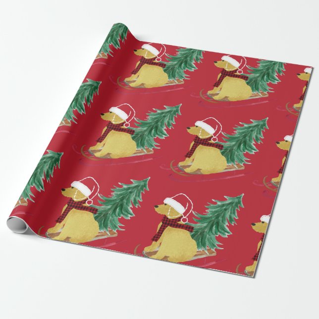 Goldendoodle Christmas Sled Red Wrapping Paper (Unrolled)