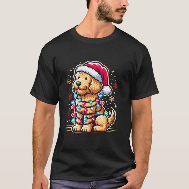 Goldendoodle Christmas Tree Xmas Lights Santa Gold T-Shirt (Front)