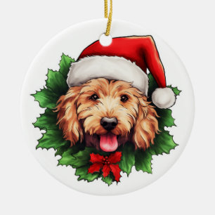 Goldendoodle Christmas Wreath Ceramic Ornament